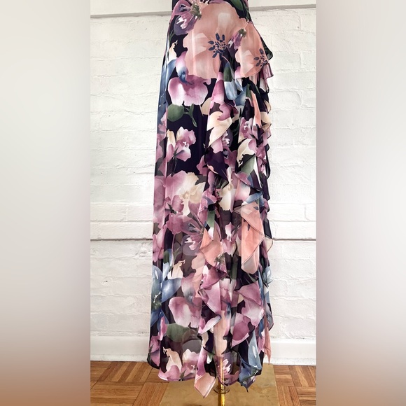 Betsy and Adam Floral Ruffle Slit Chiffon Halter Gown In Wine Rose Chiffon Maxi - Picture 9 of 16
